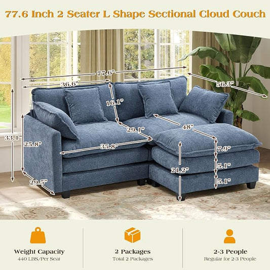 77.6" Modular Sectional Sofa,Loveseat Couch for Living Room, Modern Deep Seat Sofa 2 Seater Chenille Fabric Comfy Cloud Couches with Throw Pillows & Ottoman for,Apartment