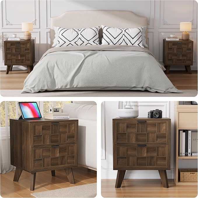Smuxee Walnut Wooden Nightstand with 2 Drawers, Mid Century Night Stand with Embossed Checkerboard Doors, Bedside Table with Solid Feet, Modern End Side Table for Bedroom