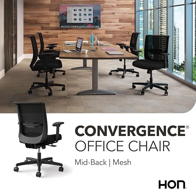 HON Convergence Ergonomic Office Chair with Mesh Back, Adjustable Arms, Lumbar Support, Synchro‑Tilt Desk Chair with Wheels for Home Office or Computer Use, Black Frame, Black