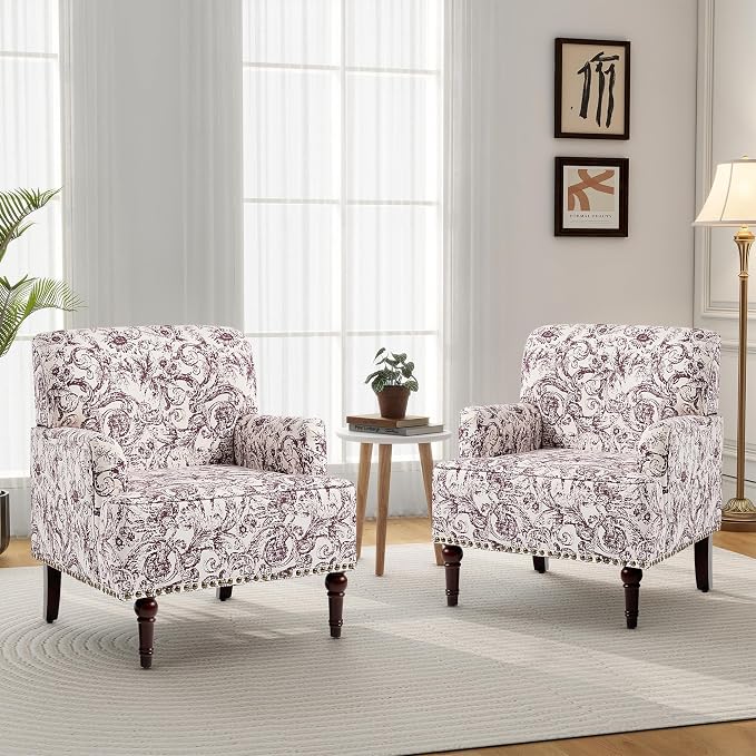Accent Chair, Mid Century Modern Comfy Armchair for Living Room, Linen Fabric Single Sofa Lounge for Reading Bedroom Apartment Waiting Room with Wood Legs (Rococo Plum, Set of 1)