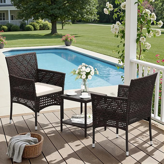 Devoko Patio Furniture Set 3 Pieces Outdoor Wicker Chairs Set of 2 with Coffee Table for Outside Porch Balcony (Brown)