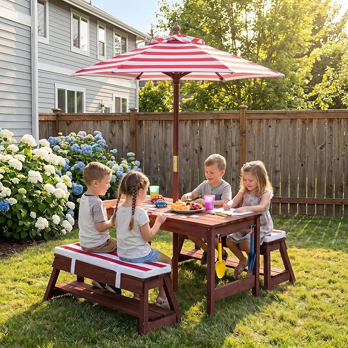 Costzon 4-in-1 Kids Picnic Table with Umbrella, Sand & Water Sensory Bins | Wooden Toddler Outdoor Table with Benches, Cushions, Cover, Gardening Tools, Kids Outdoor Furniture for Patio Backyard