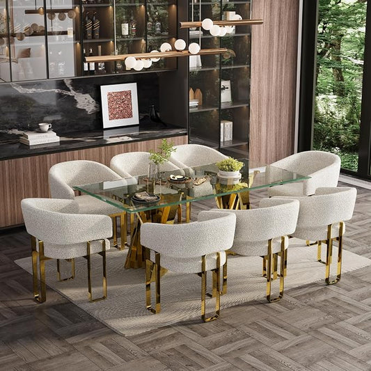 Boucle Dining Chairs, Off White Barrel Arm Chairs with U-Shaped Mirrored Gold Legs, Modern Side Chairs for Dining Table, Kitchen and Dining Room Restaurant Recepition,Set of 11