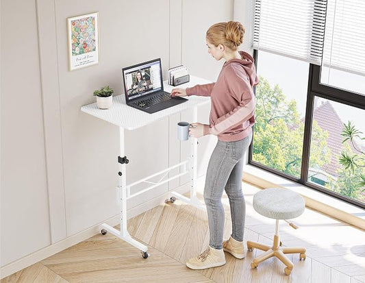 HOMIDEC Standing Desk, 32 Inch Portable Small Desk Adjustable Height, Rolling Home Office Desks with Wheels, Sit Stand Desk for Bedroom Walking Pad Home Office Small Space, White