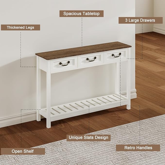 ChooChoo 47" Farmhouse Console Table with 3 Drawers, Rustic Entryway Table, Narrow Long Sofa Table for Living Room, Hallway, Behind Couch, Soft White and Brown