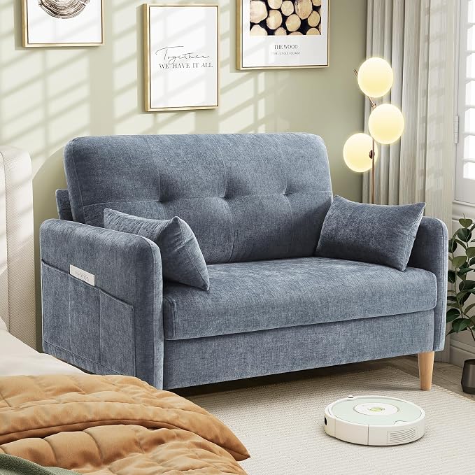 Hanherry Loveseat Sofa, 47” Small Couch for Living Room, Comfy Chenille Fabric Love Seat for Bedroom with Throw Pillow,Removable Cushion Cover,Couches for Small Space,Apartment,Dorm