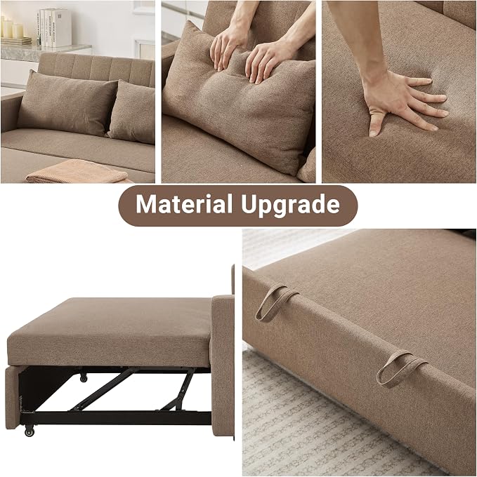 55.5" Fabric Convertible Sofa Bed, Pull Out Sleeper Sofa Bed, Loveseat Couch with Side Pocket, 3 in 1 Convertible Sleeper Sofa Bed for Living Room, Apartment, Bedroom, RV, Brown
