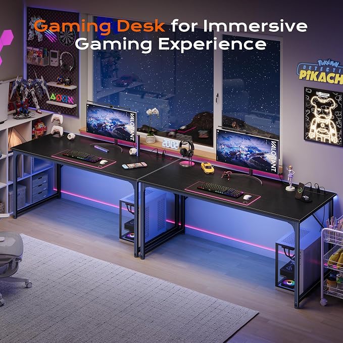PRAISUN 54 X 24 Inch Deeper Desk with Power Outlets | Large Computer Desk for Bedroom, Office Desk for Work from Home, Writing Study Gaming Table, Stable Metal Frame, Black
