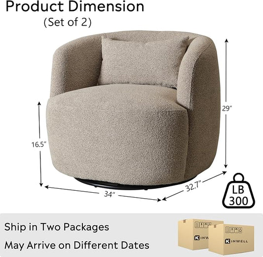 KINWELL 34" Wide Boucle Swivel Barrel Chairs Set of 2, No Assembly Round Upholstered Armchairs Accent Chairs Single Sofa Chair with Toss Pillow for Living Room and Bedroom, Taupe