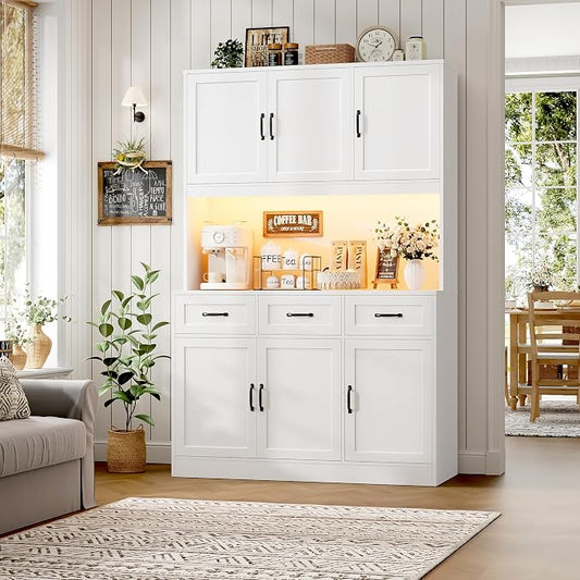 HOSTACK 72" Tall Kitchen Pantry Cabinet with Charging Station | LED Lights, 47" W Kitchen Pantry Storage Cabinet with Countertop, Modern Kitchens Hutch Cabinets with Storage for Dining Room, White