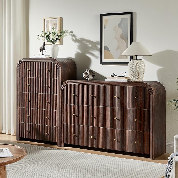 T4TREAM Fluted 5 Drawers Dresser, 48" Tall Modern Chest of Drawers with Thickened Curved Profile Design, Wood Closet Clothes Storage Organizer for Bedroom, Living Room, Hallway, Dark Walnut