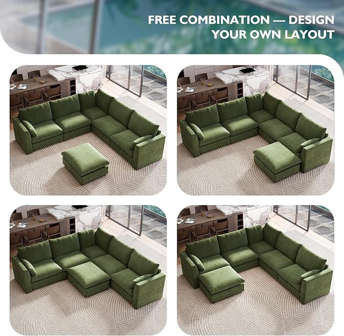 Ihanherry 111" Oversized Modular Sectional Sofa, Modern V Shaped Cloud Couch with Storage Ottoman, 6-Seat Comfy Chenille Deep Seat Sofa with 2 Pillows for Living Room, Green