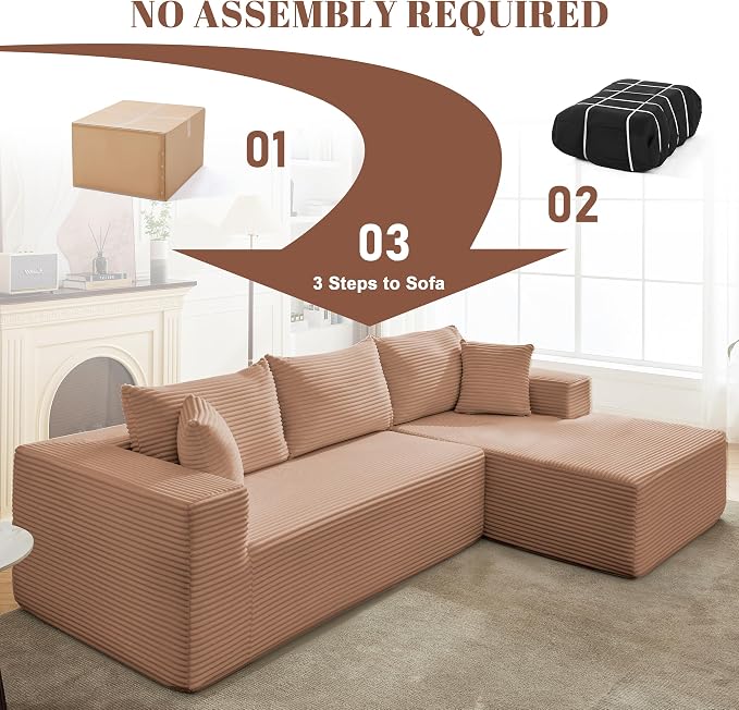 Mangodan 110” Cloud Sectional Couch, Boneless Sofa for Living Room, Modular Sectional Sofa with Deep Seat, Comfy Fluffy Couch with L-Shaped Chaise, No Assembly Required (Right-Facing Chaise, Camel)