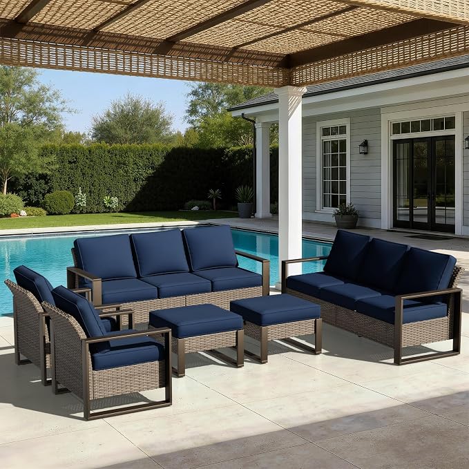 Joyside Outdoor Patio Chairs, 5 Pieces Wicker Rattan Furniture Set, 2 Patio Chairs, 2 Sofa and 2 Ottoman, Metal Wide Armrest, Thick Cushions and Deep Seating for Garden, Backyard, Porch, Deck