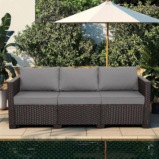 Valita Patio Furniture 3-seat Sofa Brown Wicker Outdoor Furniture Outdoor Couch Deep Seat High Backrest Waterproof Cover Anti-Slip Washable Cushions, Grey