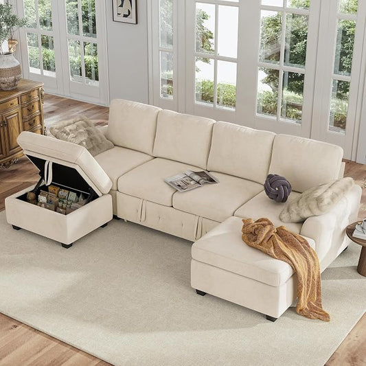Hanherry 104" Sectional Couch with Pull Out Sofa Bed,Chenille Sleeper Sofa with Storage Ottoman & USB Charging,Comfy U Shaped Modular Couches for Living Room,Apartment