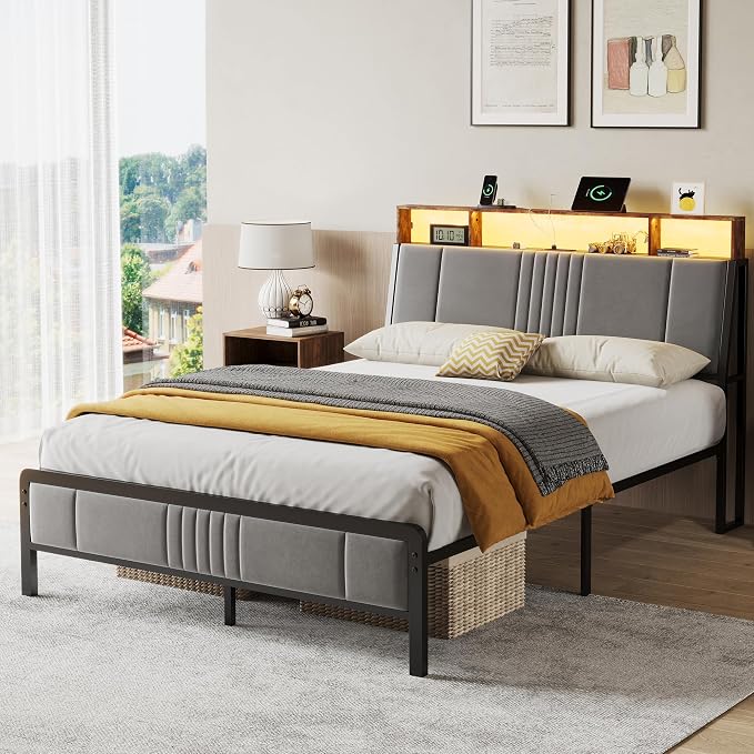 BedsPick Queen Bed Frame with Ergonomic Headboard, Upholstered Metal Platform Bed Queen Size with 2-Tier Storage, Charging Station, Smart LED Lights, Easy Assembly, No Box Spring Needed, Gray