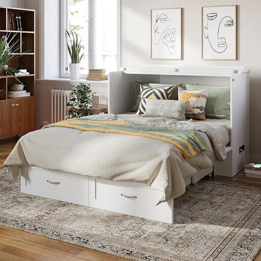AFI Hamilton Full Murphy Bed Chest with Mattress, Storage, and Built-in Charger in White