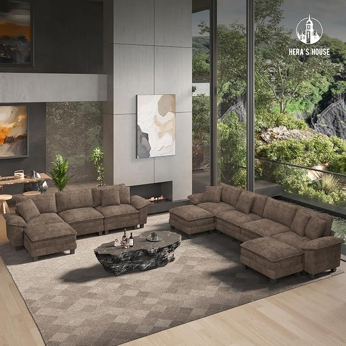 HERA'S HOUSE 158" Oversized Modular Sectional Sofa, Comfy L Shaped Couches for Living Room, Cloud Couch with Ottoman, 5-Seater Deep Seat Sofa with Throw Pillow, Chenille Grayish Brown