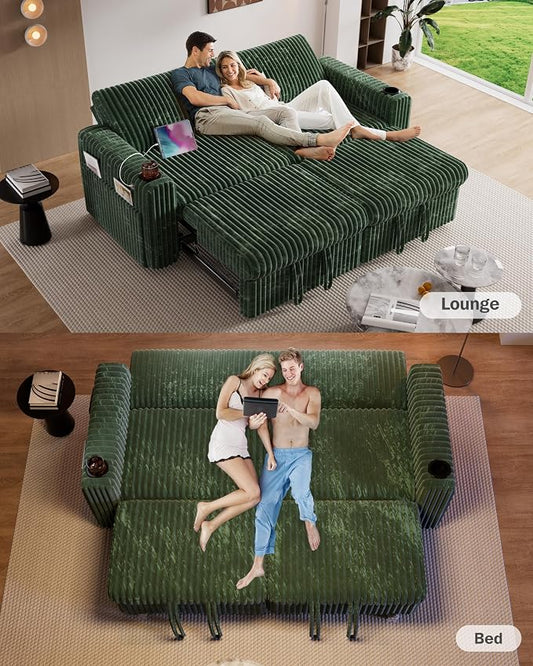 Sunny Heart 91" Plush Corduroy L Shaped Sectional Sleeper Sofa Bed with Pull Out Bed, Reclining Backrest, Reversible Storage Chaise, USB Ports, Cup Holders, Tool Free Assembly,Forest Green