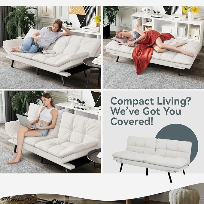 Futon Sofa Bed Convertible Couch, White Faux Leather Sofa Bed with Memory Foam, Adjustable Backrest & Armrests, Multifunctional Small Loveseat Sleeper Sofa for Living Room, Apartment, Office