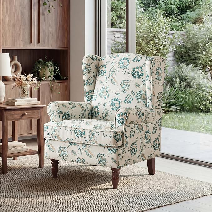 EROMMY Floral Accent Chair, Comfortable High Back Upholstered Armchair with Solid Wood Legs, Leisure Single Sofa Chair for Living Room, Home Office, Bedroom, Light Cyan Floral