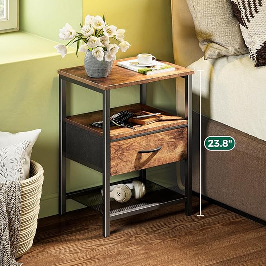 Huuger Nightstand Set of 2, Night Stand with Fabric Drawer, Mesh Shelf, Side Table with Storage, Fabric Drawer Dresser, Open Shelf, Metal Frame, Bedroom, Rustic Brown