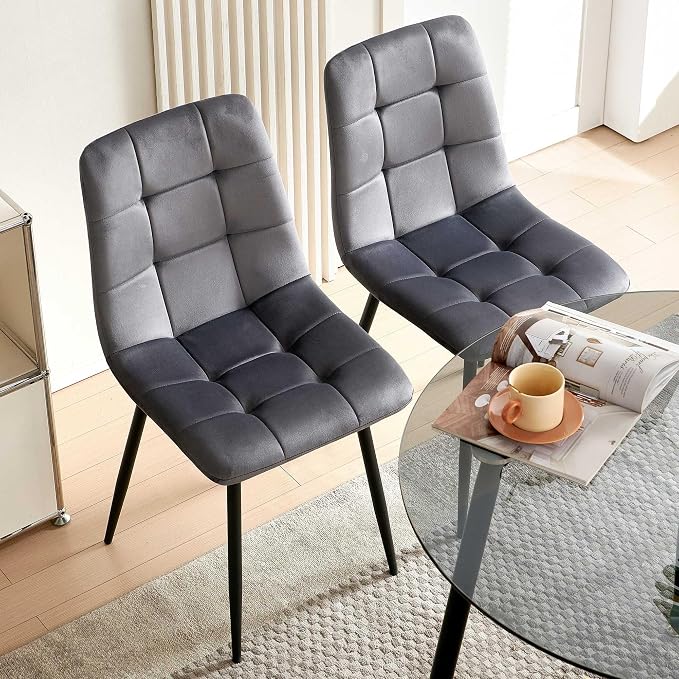 NORDICANA Grey Velvet Dining Chairs Set of 4, Upholstered Tufted Kitchen Chairs, Comfortable Seat, Metal Leg, Easy Assembly