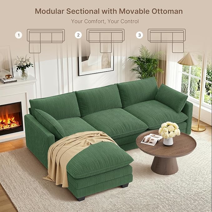 Gizoon 110'' Oversized L Shaped Couch for Living Room, Cloud Couches with Washable Corduroy Cover, Modern 4-Seater Comfy Deep-Seat Sofa with Movable Ottoman and 2 Throw Pillows for Apartment, Green