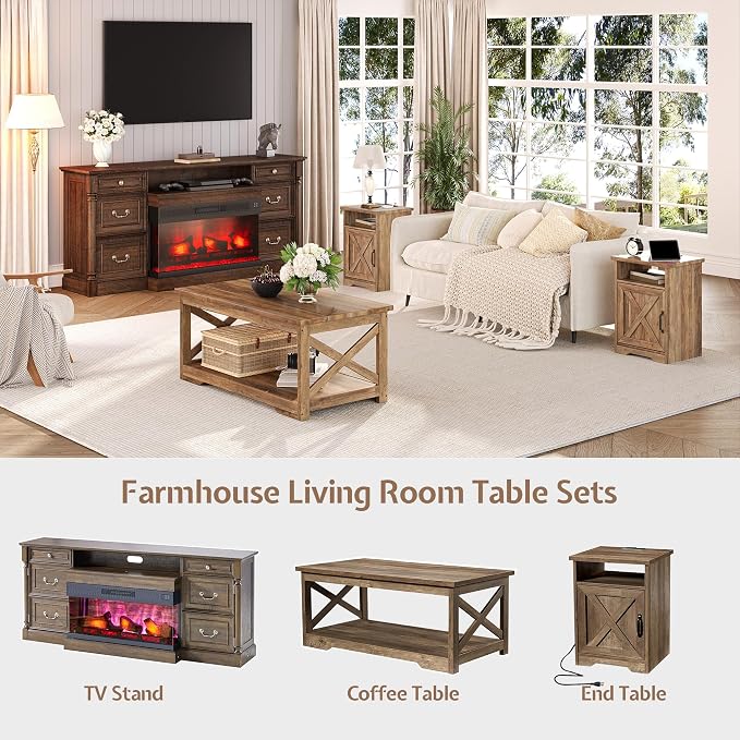 LUXOAK 3-Piece Farmhouse Living Room Table Sets, Includes 1 x Coffee Table, 2 x End Tables with Charging Station & USB Ports, Rustic Coffee Table Set of 3, Barnwood