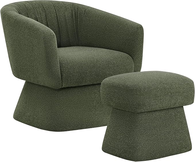 Zerel's Home Swivel Accent Chair with Ottoman, Upholstered Barrel Accent Chair, Modern Accent Chair with Pleated Backrest and Arms, Boucle Armchair for Living Room Bedroom, Set of 2, Green