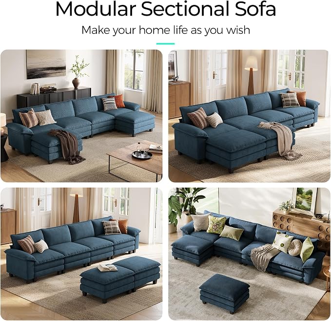 LINSY HOME 157'' Modular Sectional Sofa 4 Seat Couch Corduroy Cloud Couch with Deep Seat, Modern U-Shaped Cloud Couch with 2 Movable Ottoman for Living Room, Office, Bedroom, Blue