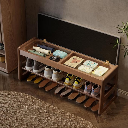 AQIMUELE Shoe Rack Bench,2 Tiers Shoe Bench with Storage with Flip-Top,Wood Shoe Rack for Entryway,Hallway(Walnut Upholstered Seat,11.8" D x 39.3" W x 15.7" H