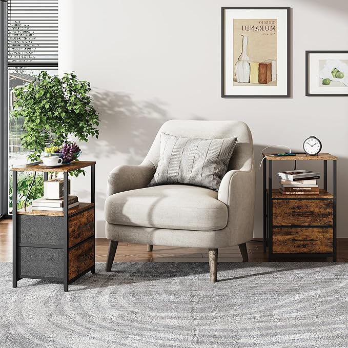 TUTOTAK End Table with Charging Station, Night Stand, Side Table with 2 USB Ports and Outlets, Nightstand with Cloth Drawer, Bedside Table for Livingroom, Bedroom Brown TB01BB088