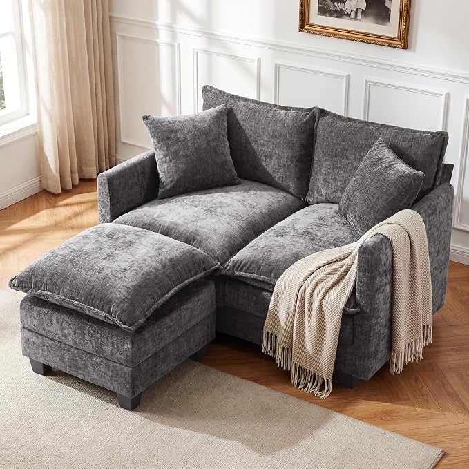 L-Shape Loveseat Sofa Couch with Ottoman, Small 50" Love Seat 27" Deep Cloud Sofa Washable Chenille Pillow for Apartment Bedroom Dorm Attic Studio Office Living Room Small Space 8833-GREY-L