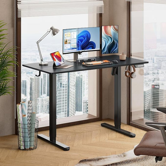 DEVAISE 48 Inch Electric Standing Desk, Adjustable Computer Desk for Home Office, Ergonomic Sit to Stand Desk with LED Touchscreen,Headphone Hook, 3 Memory Preset, with Split Top, Black
