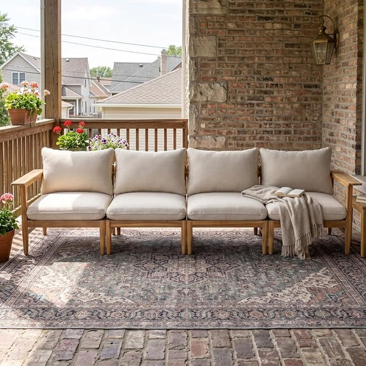 Merax Acacia Wood Outdoor Patio 116 Inch Loveseat Sofa with Cushions, Large 4-Seater Sofa Daybed for Backyard, Lawn, Deck, Balcony, Water Repellent Fabric, 400 lbs Capacity, Light Teak +Beige