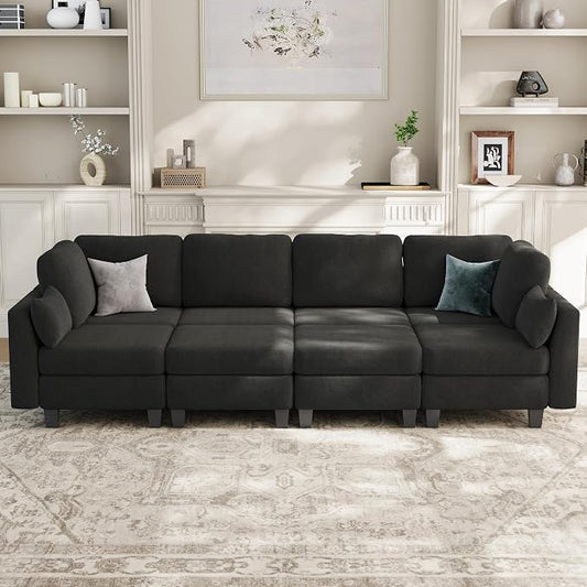 Sectional Sleeper Sofa, 8 Seaters Modular Sleeper Sofa Couch, Comfy Sectionals Couches Bed, Convertible Sofas with Ottomans, Modular Sectional Couches for Living Room, Dark Grey