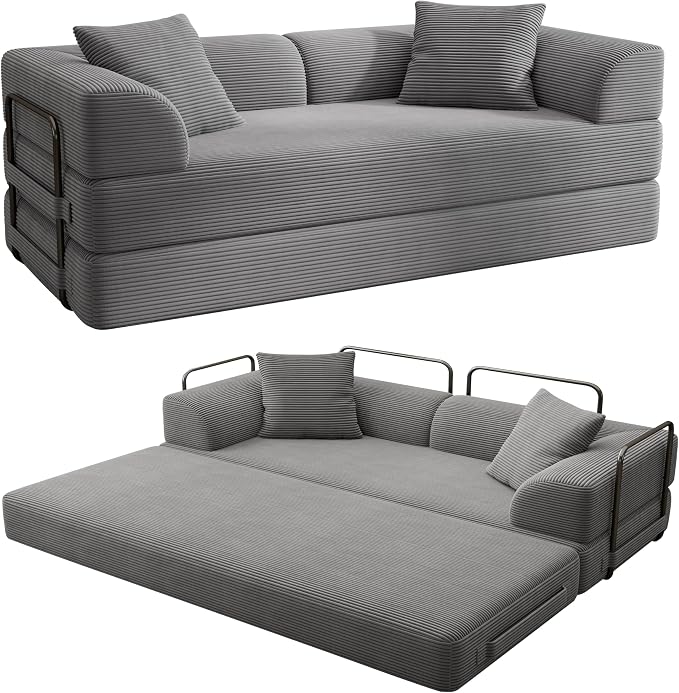 Cloud Boneless Couch Futon Sofa Bed, 5-in-1 Convertible Sofa Bed Pull Out Couch Sleeper Sofa Compressed Loveseat, 70" High-Density Sponge & Corduroy Fabric Futon Daybed for Living Room Bedroom (Gray) | 5-in-1 Convertible