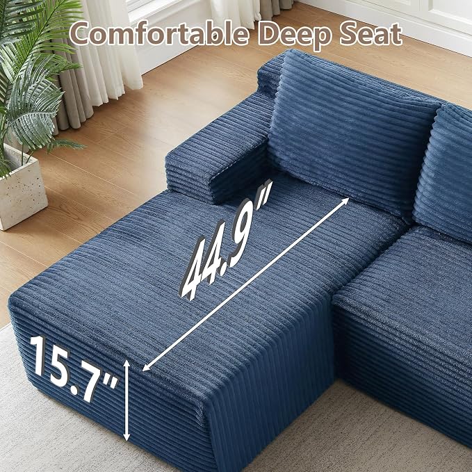 96" Cloud Sectional Couch U-Shaped Chaise with Ottoman, Corduroy Boneless Couch for Living Room Bedroom, Deep-Seat Upholstered Modular Cloud Sofa, No Assembly Required (Blue, Left Facing Chaise)