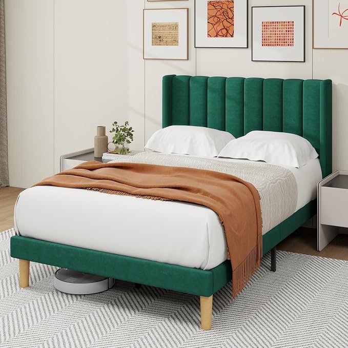 alazyhome Platform Bed Frame Full Size with Upholstered Headboard, Solid Wood Slats Support, No Box Spring Needed, Noise Free, Easy Assembly, Modern Velvet Bed, Green
