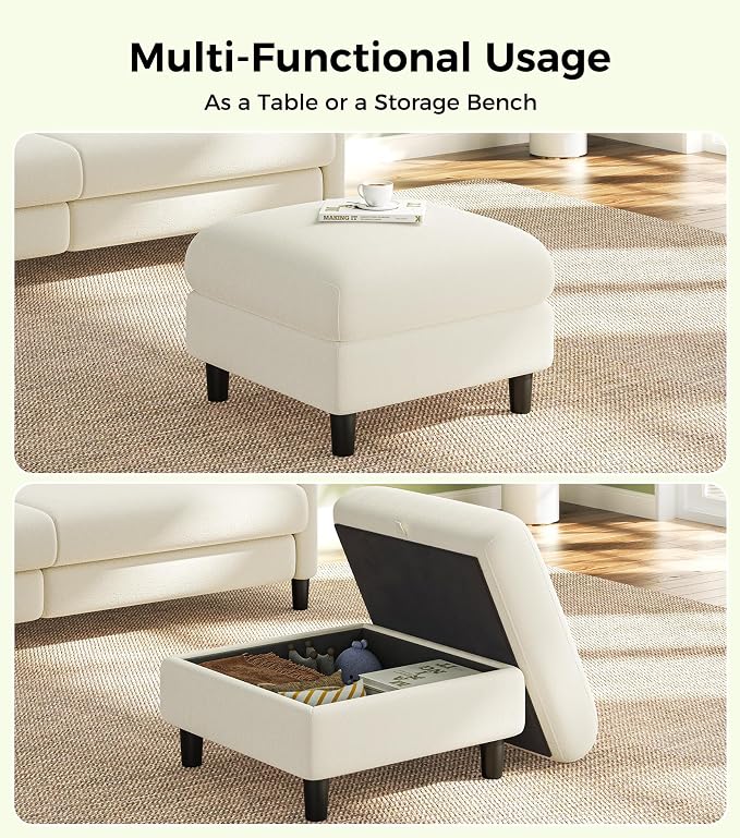 Welzona Teddy Storage Ottoman, 26.7" Large Living Room Ottoman, All-Wood Coffee Table Ottomans with Storage, Tool-Free Setup Ottomans for Living Room, Bench for Bedroom, Beige