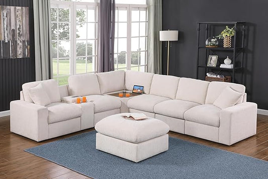 Ball & Cast 127" Oversized Modular Sectional Sofa L-Shaped,Large Chenille Upholstered Couch 7 Seat with Ottoman,Cup Holders & USB Ports,Comfty Sectionals W/Pillows & Storage Box,for Living Room,Beige