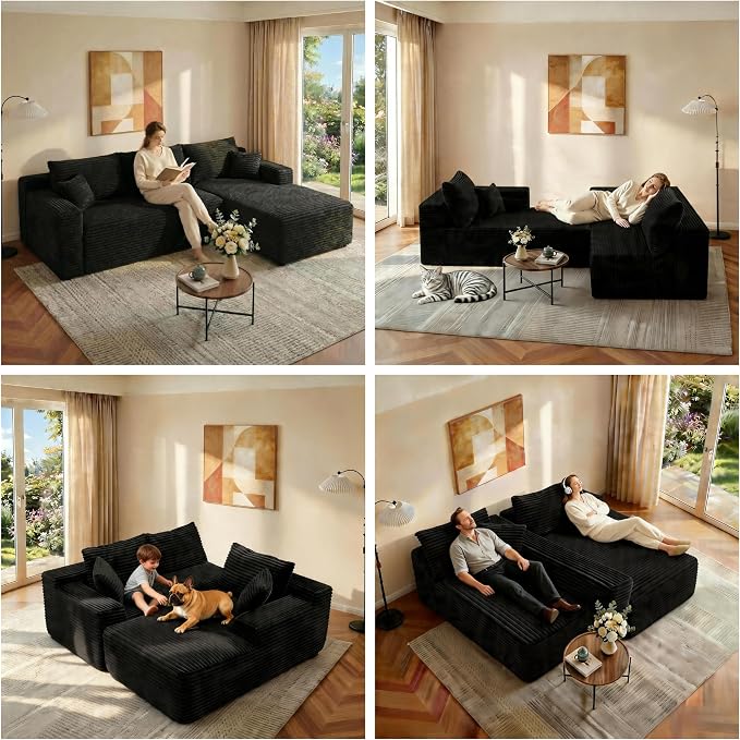 JINGLING 94" L Shape Couch with Right Chaise, Memory Foam Boneless Sectional Sofa in a Box, No Assembly Modular Small Couches for Small Spaces, Living Room, Apartments, Plush Corduroy, Black