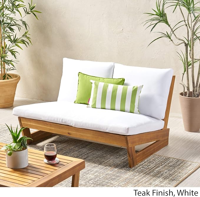 Great Deal Furniture Kaitlyn Outdoor Acacia Wood Loveseat with Cushions, Teak and White