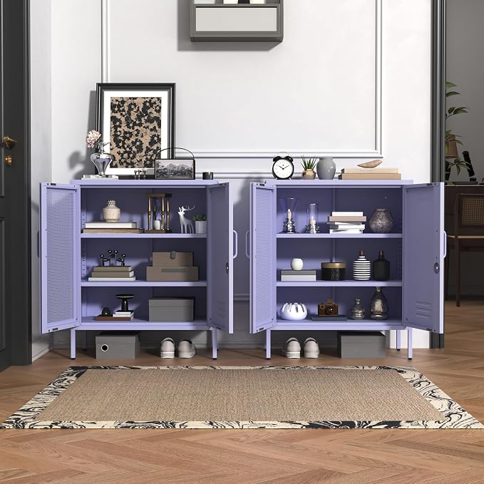 Purple Lockable Mesh & Metal Door Storage Cabinet, 3-Tier Heavy Duty Steel Locker with 2 Adjustable Shelves, Accent Cabinet for Living Room, Home Office, 33" H x 29.5" W x 13.8" D