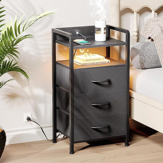 Lazzanto Night Stand Bedside Charger Bedroom - Nightstand with Charging Station & LED Light Strip, Night Stand with Storage Shelf & 3 Fabric Drawers, Morden End Table with U-S-B Ports & AC Outlets