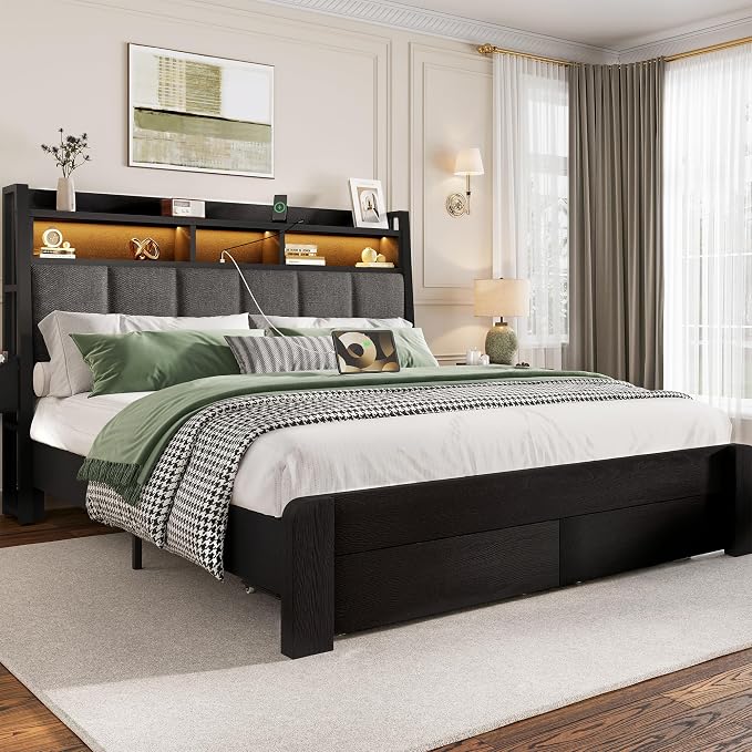 BRELTAM Queen Size Bed Frame with Storage Drawers Upholstered Bed with 2-Tier Storage Headboard and LED Light&Charging Station,Metal Platform Bed Frame Queen Size,Noise Free,No Box Spring Needed,Black