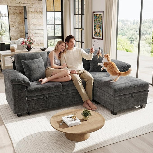 Ihanherry 86" Modular Sectional Sofa with Pull Out Bed, 4-Seater L Shaped Sectional Sleeper Couch with Storage Ottoman, Chenille Convertible Couches for Living Room, Apartment (Grey)