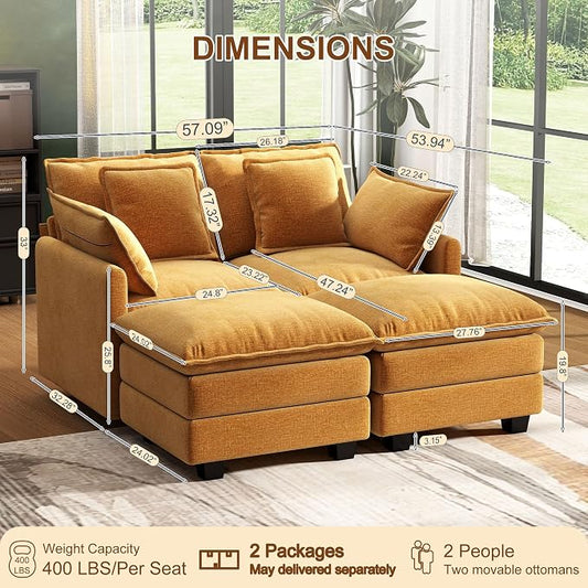 58" Cloud Couch Loveseat, Deep Seat Modular Sectional Sofa with 4 Removable Washable Pillows and 2 Ottoman for Living Room, Bedroom, Apartment, Orange
